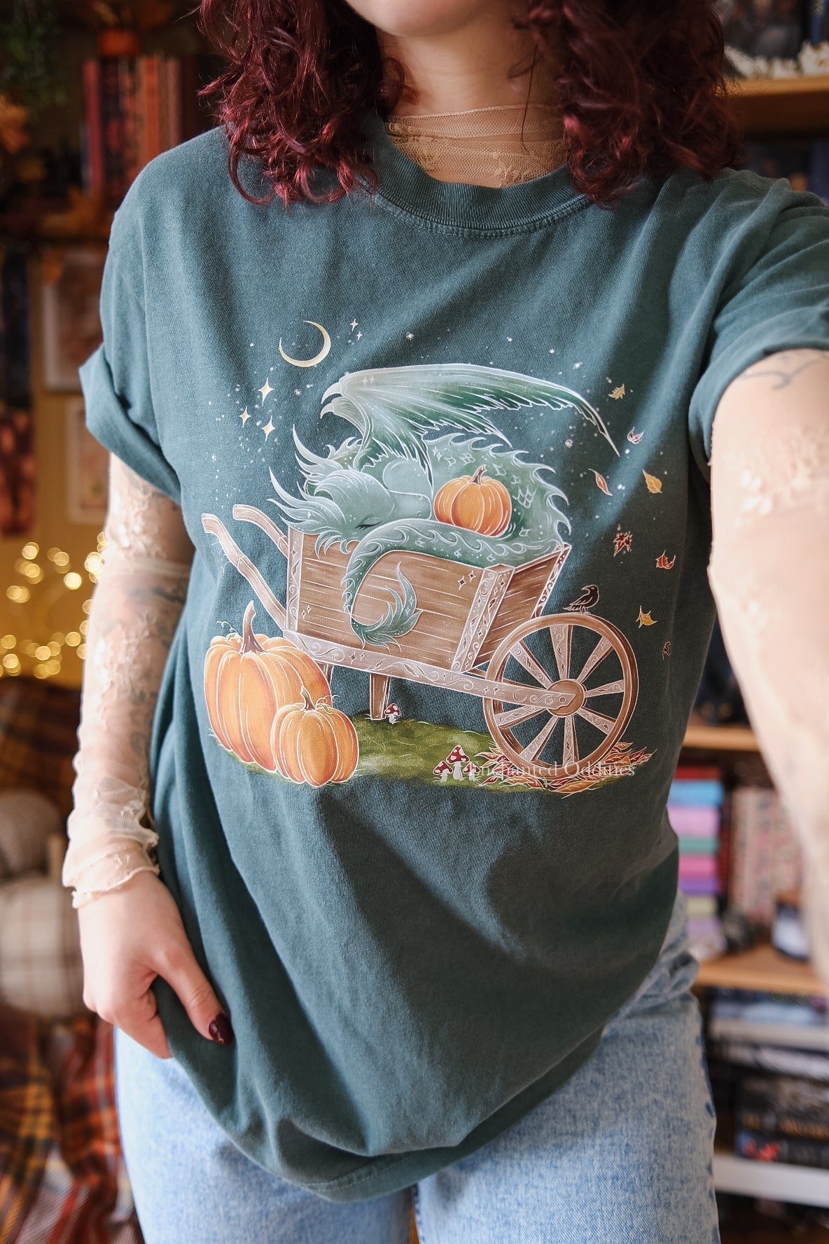 Sleepy Harvest Dragon Printed tee in Green - Image 3
